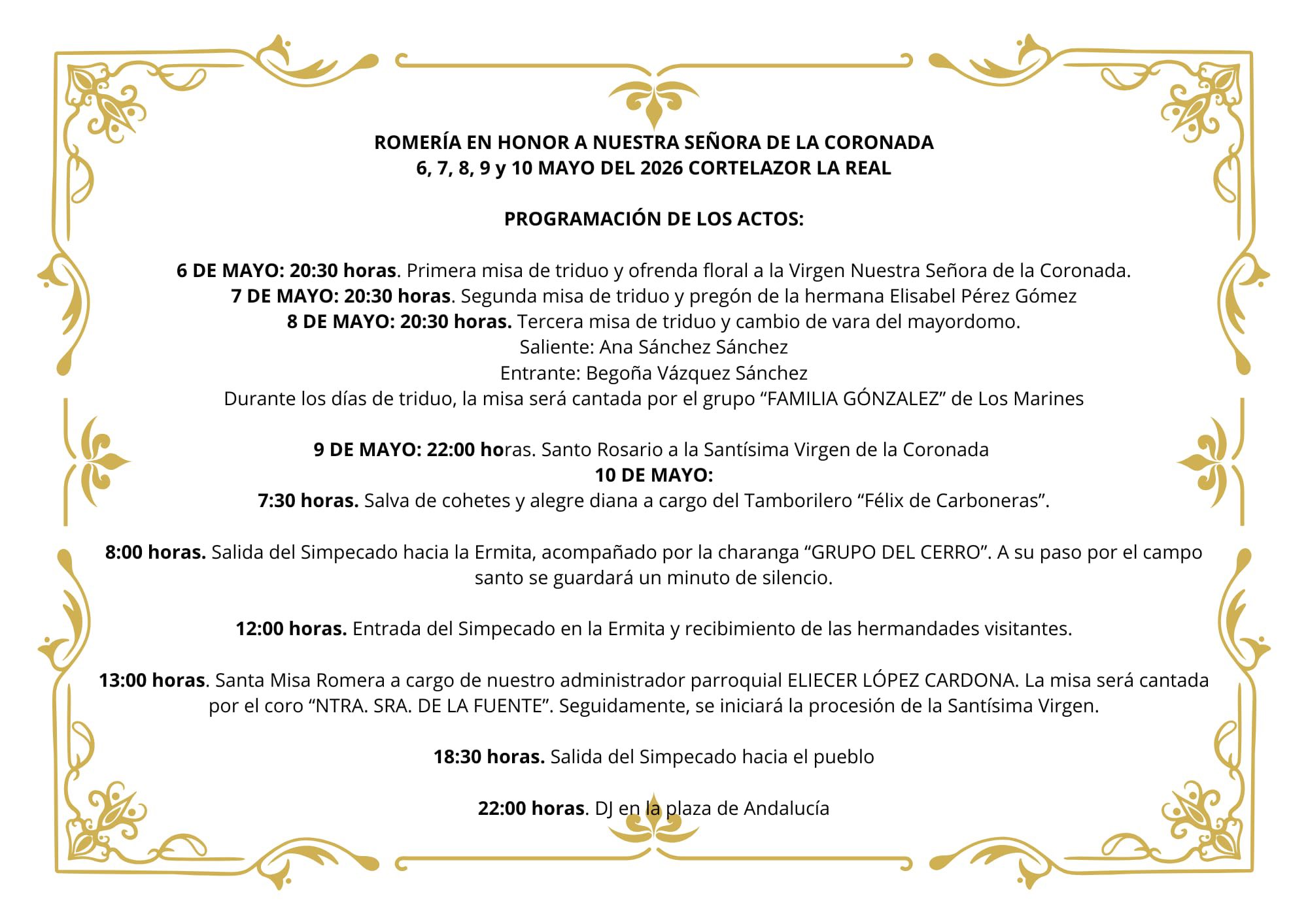 Programacion Romería Nuestra Señora de la Coronada Cortelazor